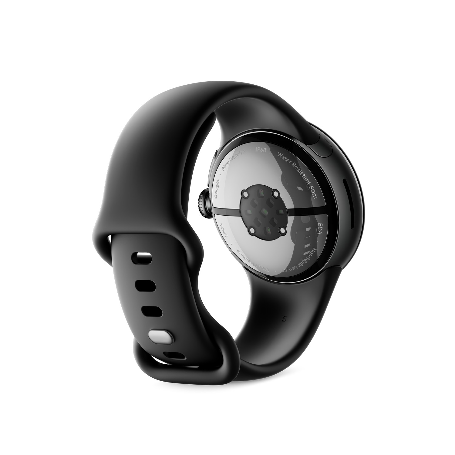 Montre Pixel noire, montrant le dessous, avec bracelet noir, sur fond blanc.