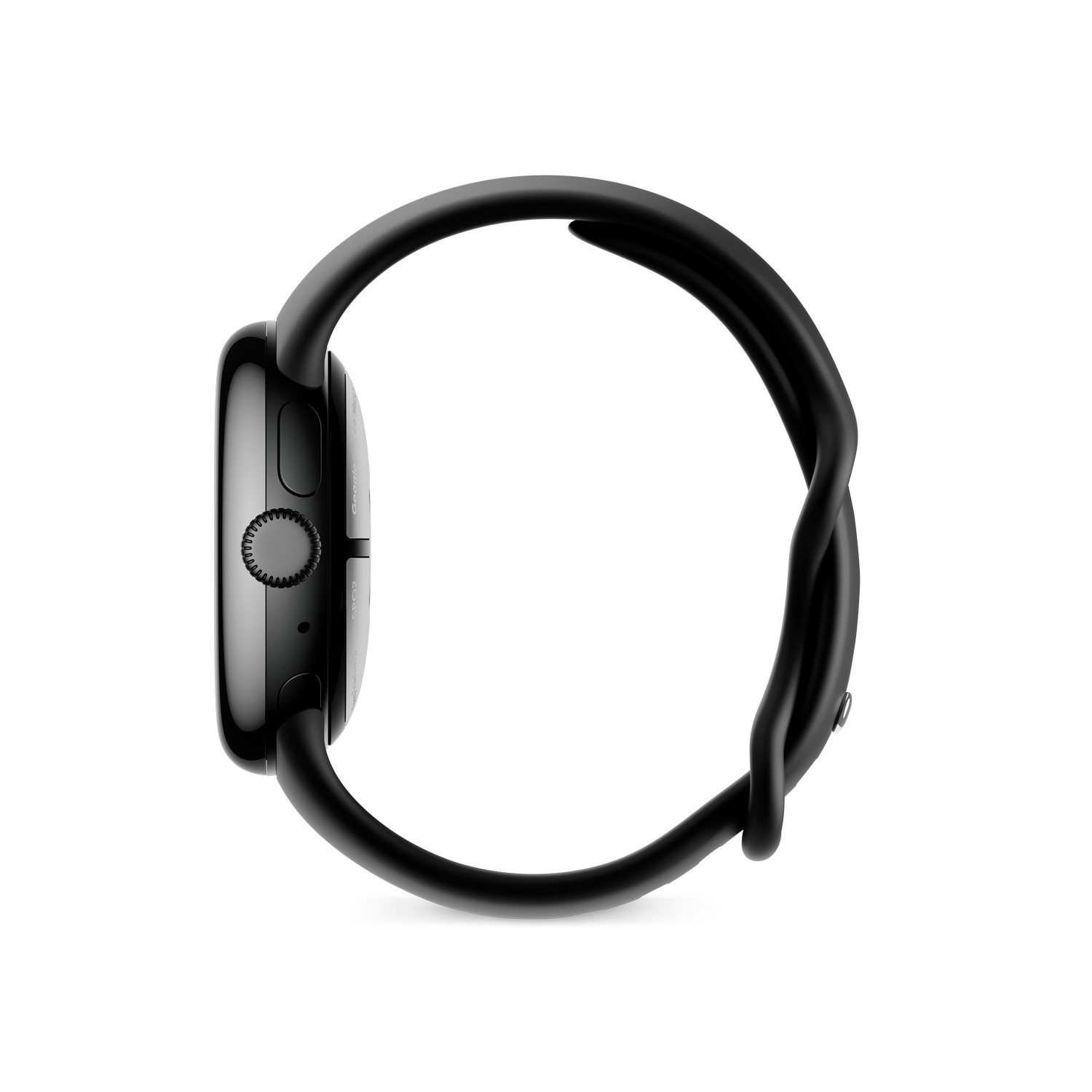 Une montre connectée noire avec un bracelet noir. La montre est sur fond blanc et de profil.