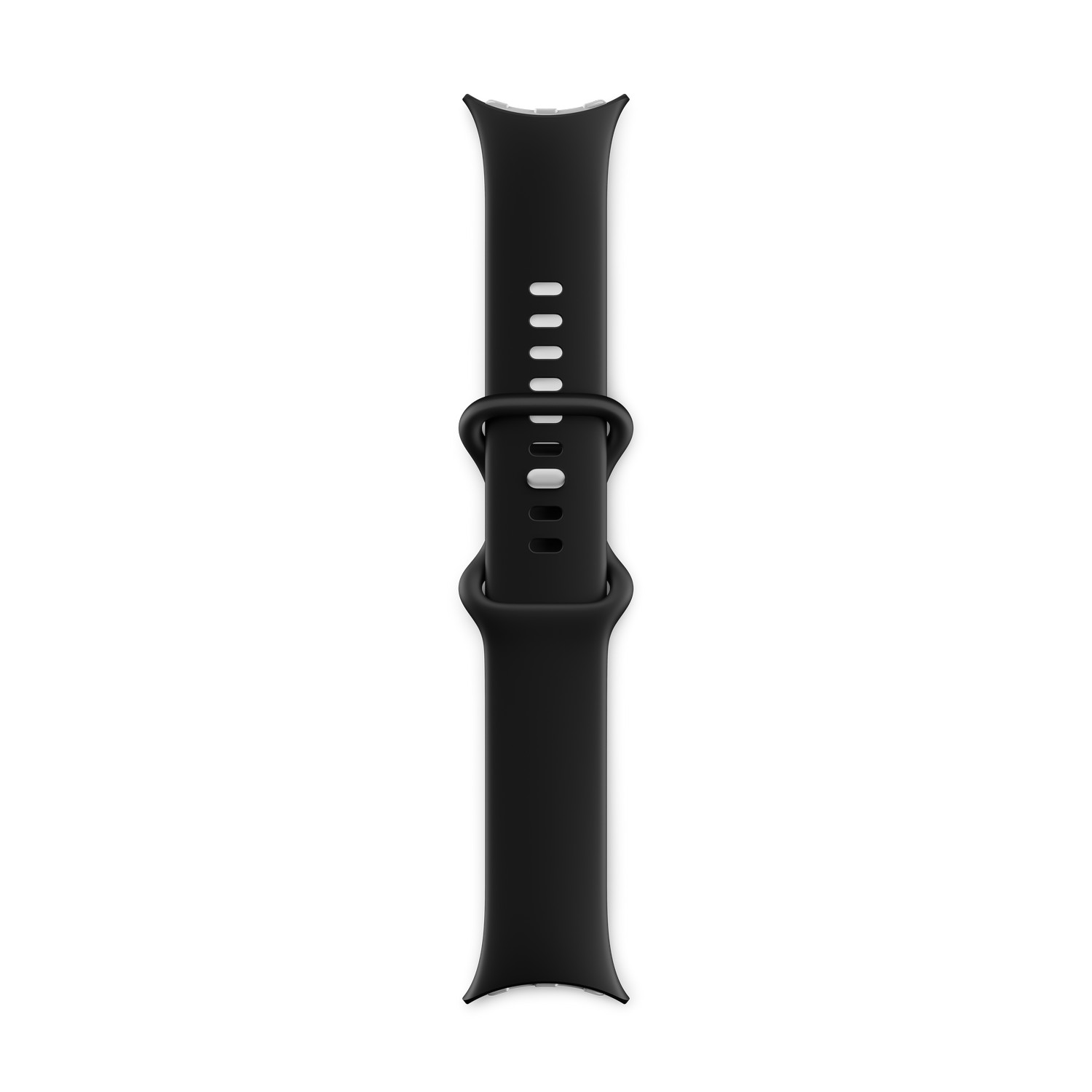 Bracelet de montre noir avec boucle. Le bracelet a plusieurs trous pour l'ajustement.