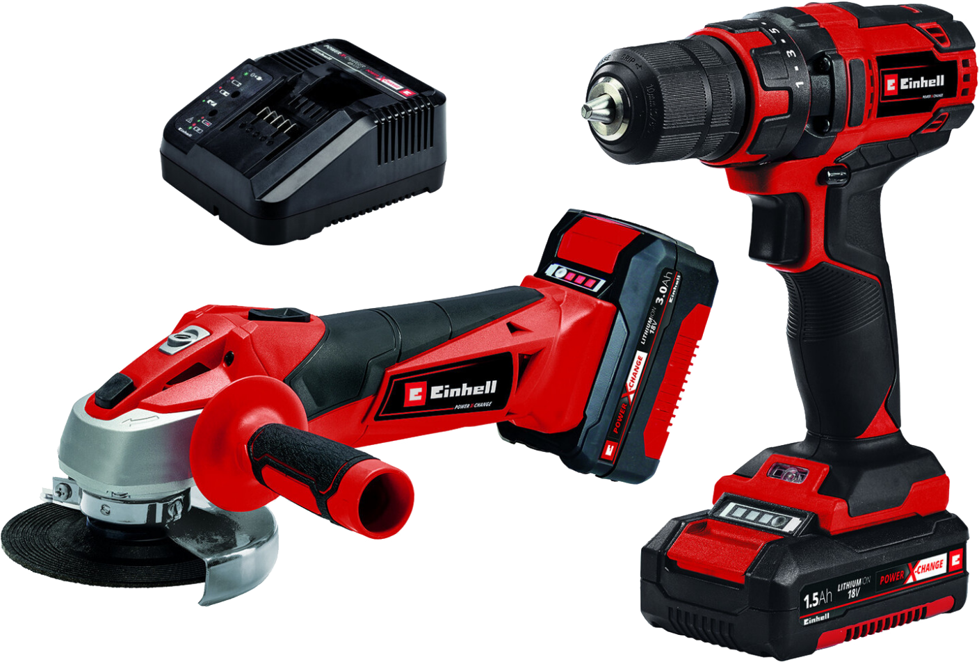EINHELL Power X-Change szerszámkészlet: TC-CD 18/35 Li fúró-csavarozó és TC-AG 18/115 sarokcsiszoló, akkuval töltővel (1x1,5 Ah 1x3,0 Ah) (4257238)