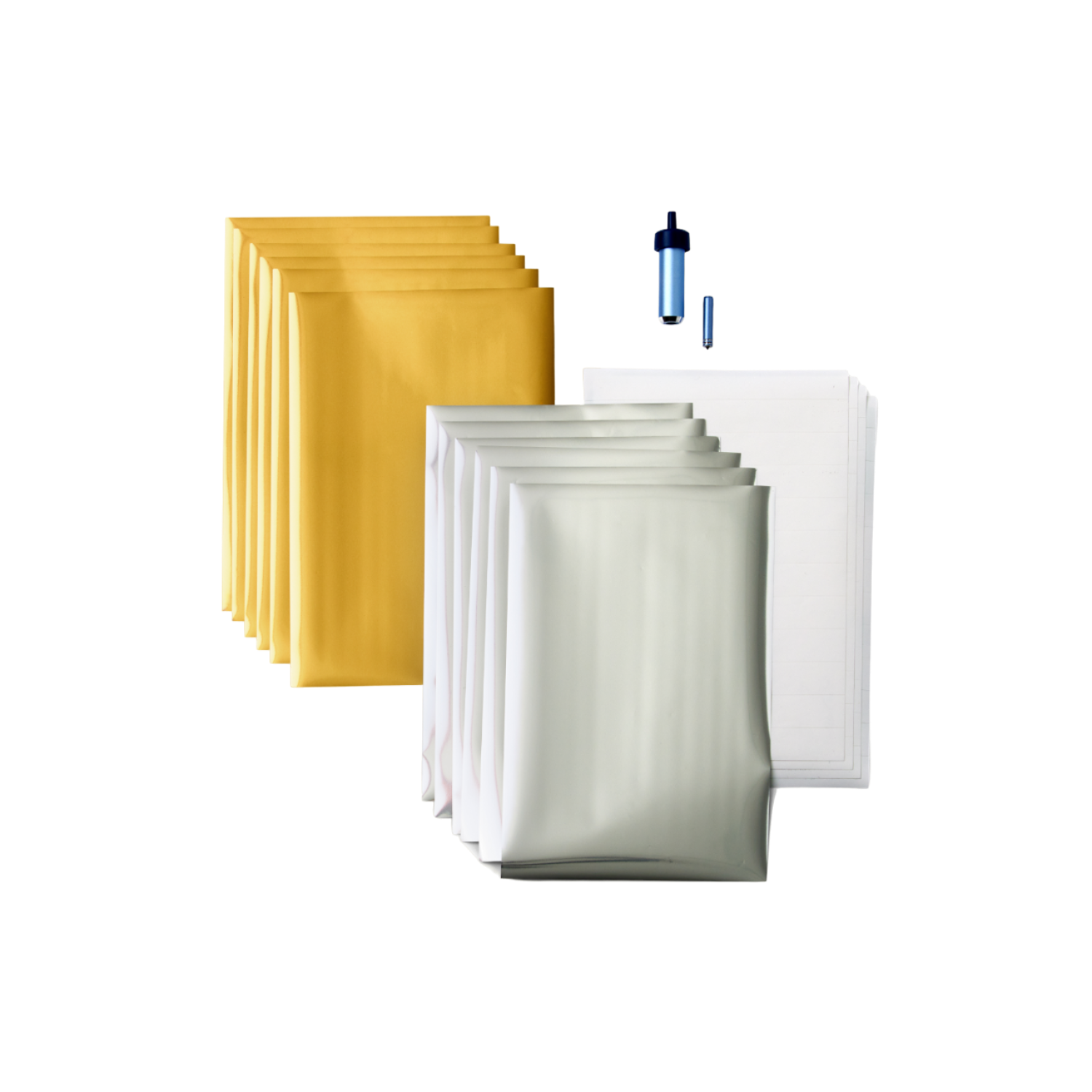 Packaging supplies: bubble mailers, white and gold padded envelopes, and a blue pen.