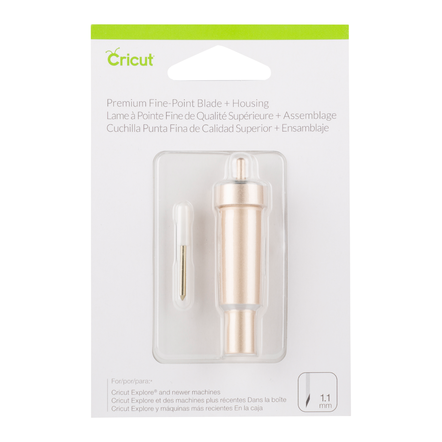 Cricut blade in a clear plastic package on a white background. Gold color blade.