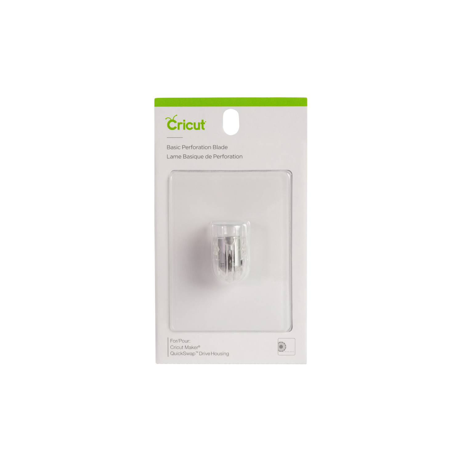 Cricut Basic Perforation Blade packaging. The blade is visible through a clear plastic casing.