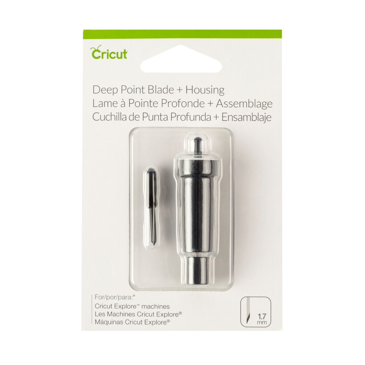 A Cricut Deep Point Blade + Housing package, containing a blade and housing.