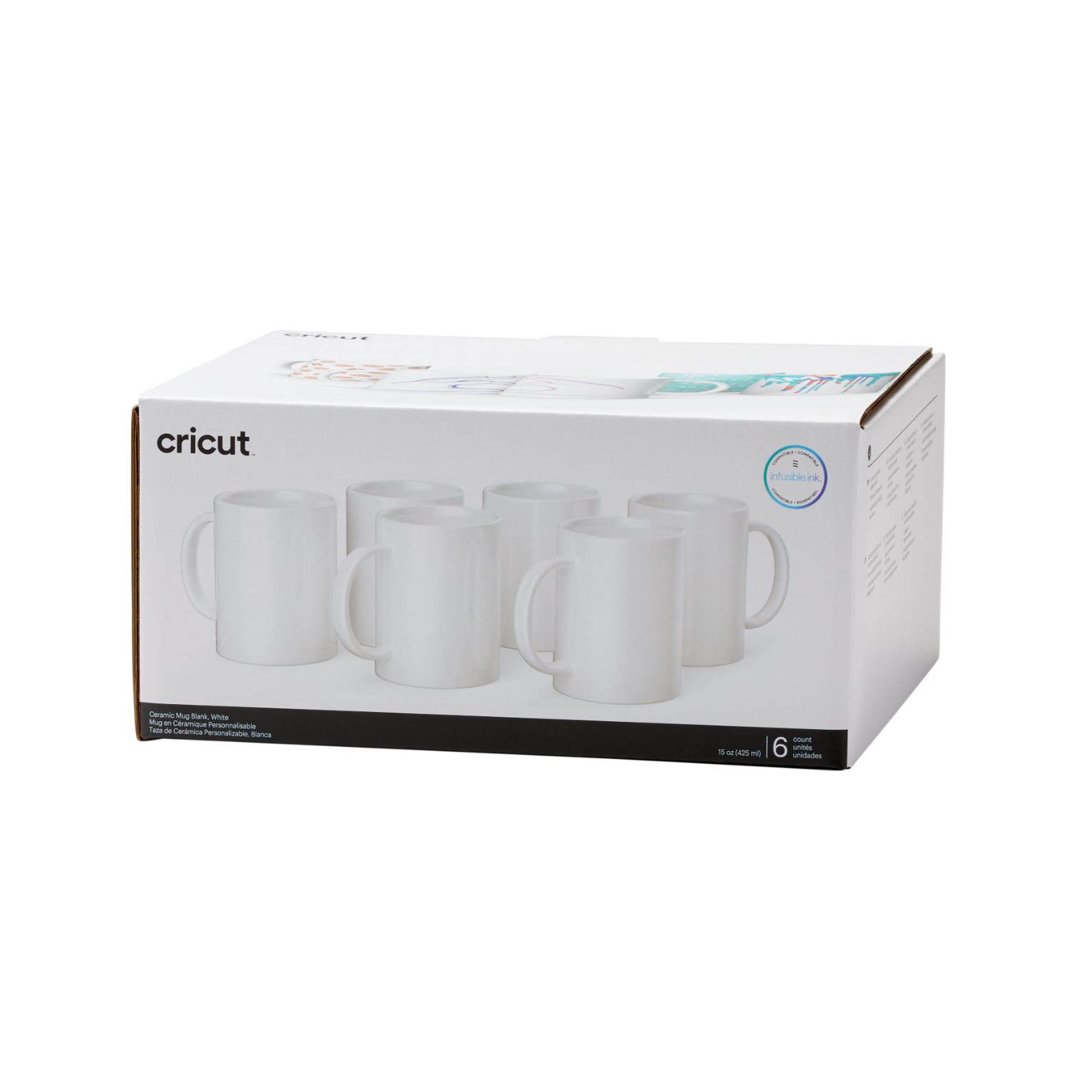 Box of white mugs with handles, Cricut logo, white background.
