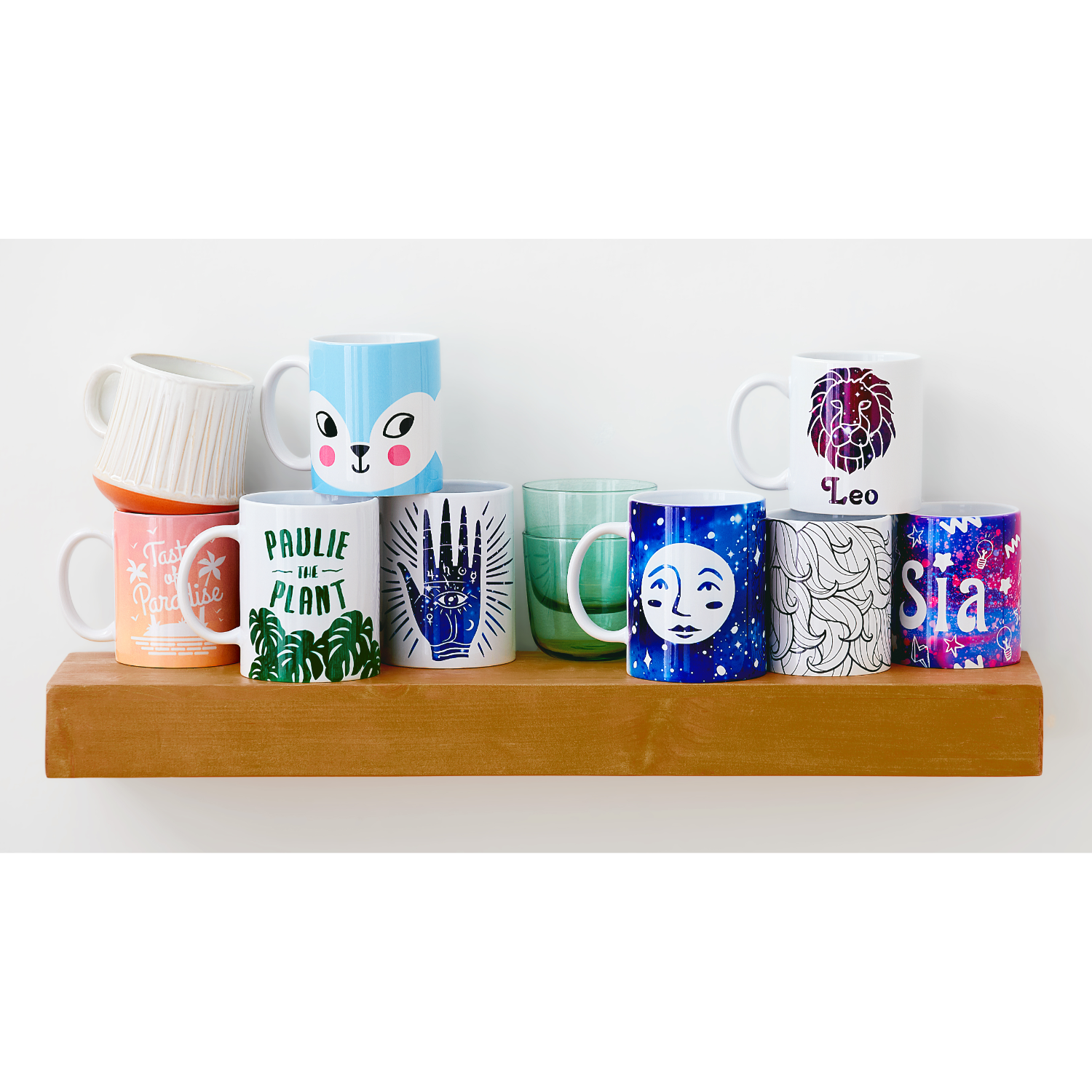 A wooden shelf holds 10 decorative mugs with various designs. White background.