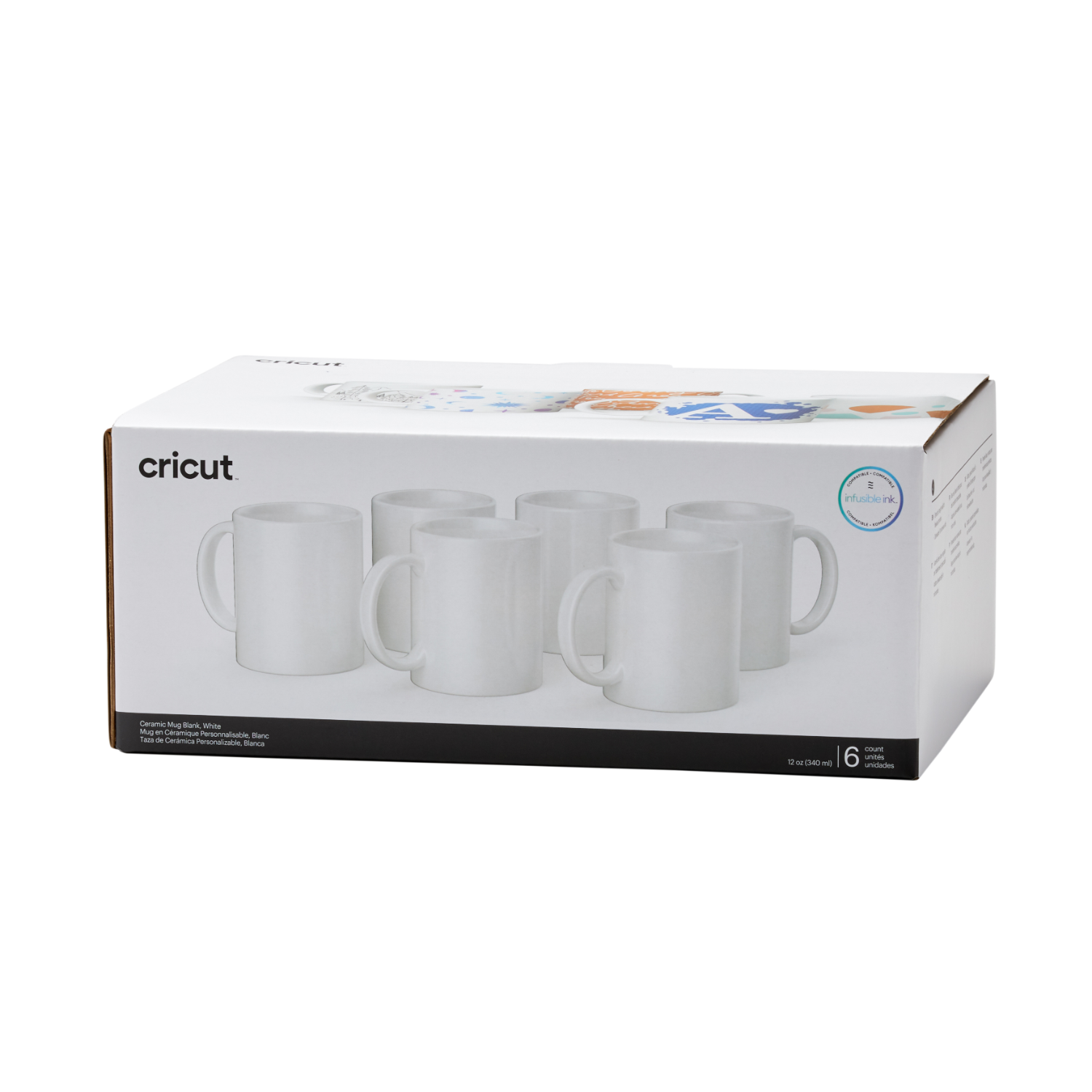Box of six white mugs. The box shows the Cricut brand and mug details.
