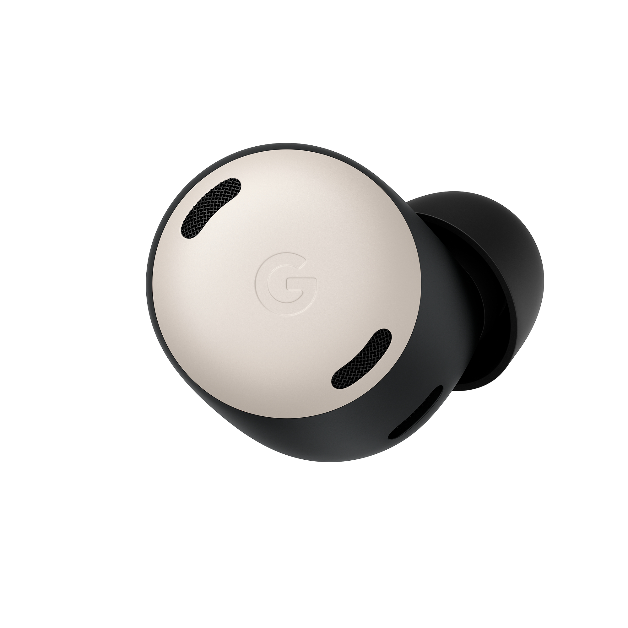 Nahaufnahme des Ohrhörers. Creme- und Schwarztöne, mit dem Google 'G'-Logo.