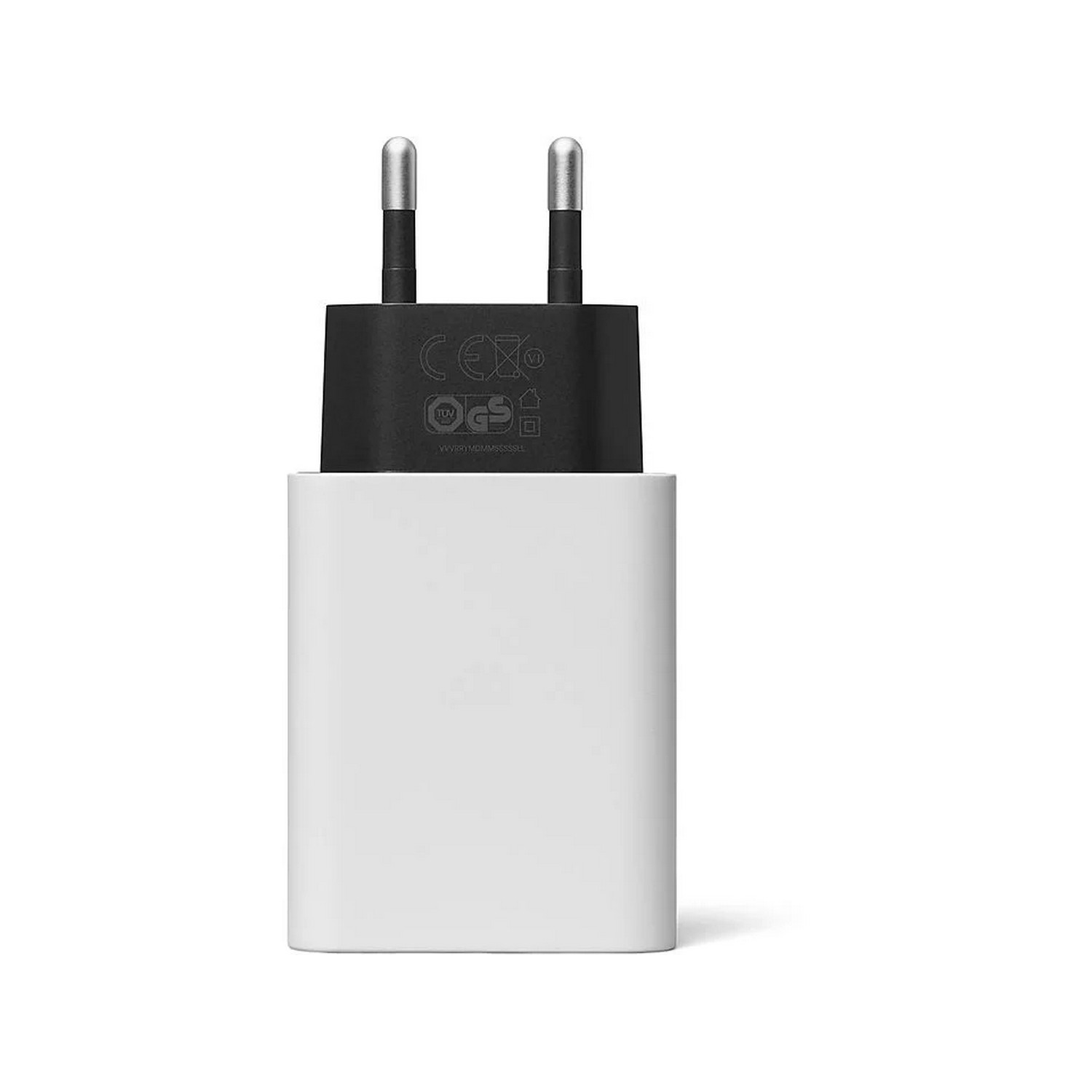A white phone charger with a black top and two prongs.
