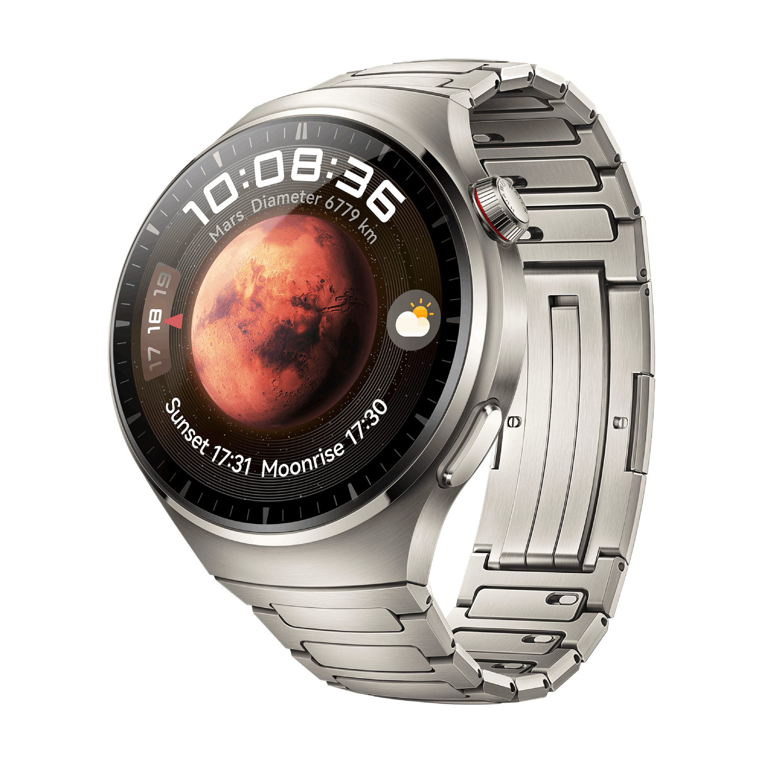 Smartwatch plateado con esfera redonda. Imagen de Marte en la pantalla, correa de metal, fondo negro.