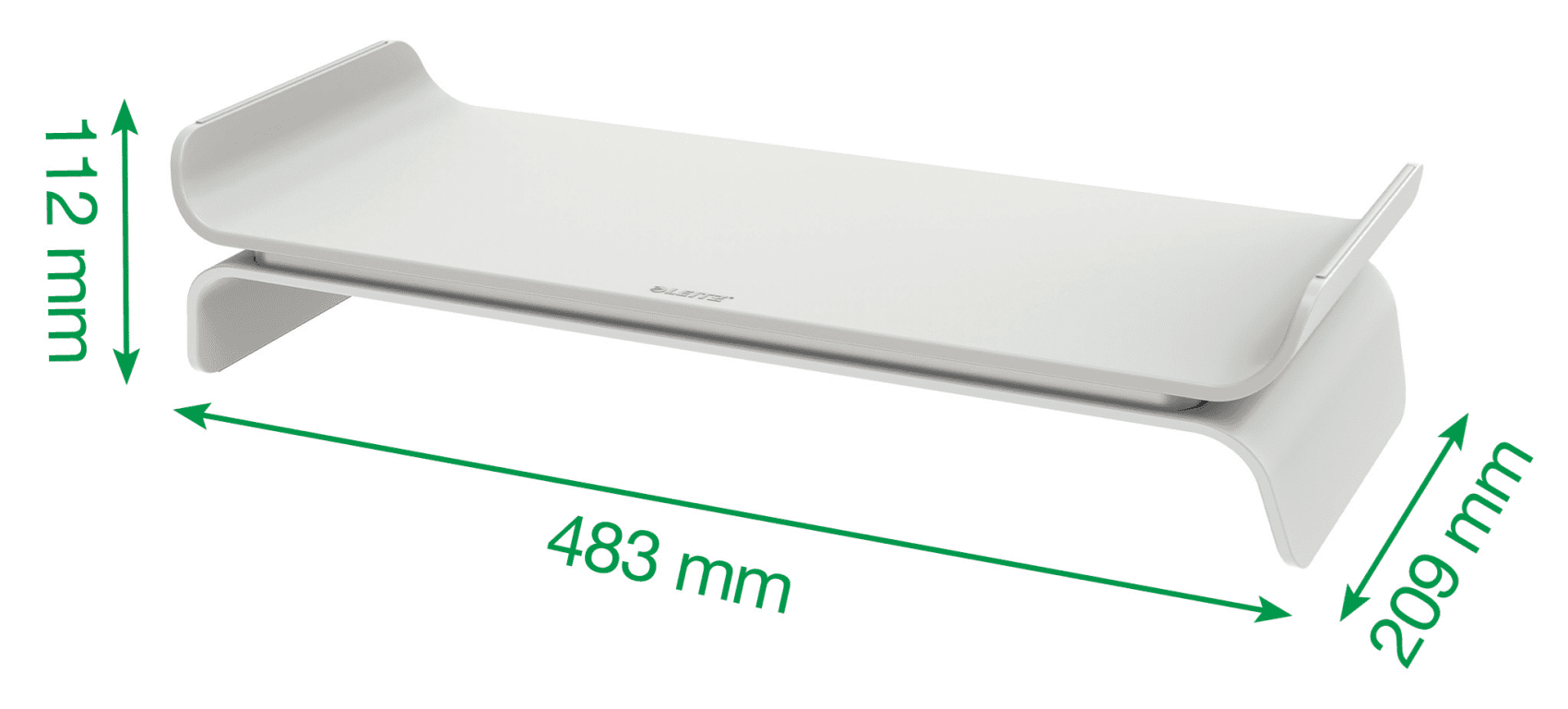 Fehér monitortartó méretekkel: 483 mm hosszú, 209 mm széles és 112 mm magas.