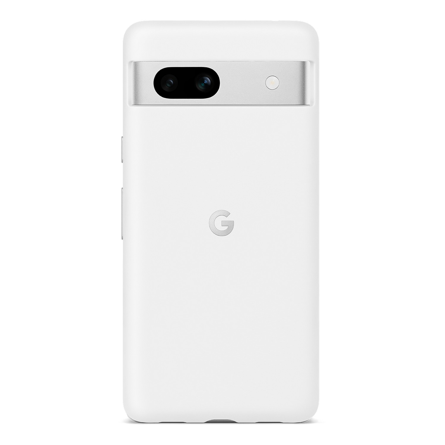 Coque de téléphone blanche avec deux caméras et une bande argentée. Le logo Google est visible.