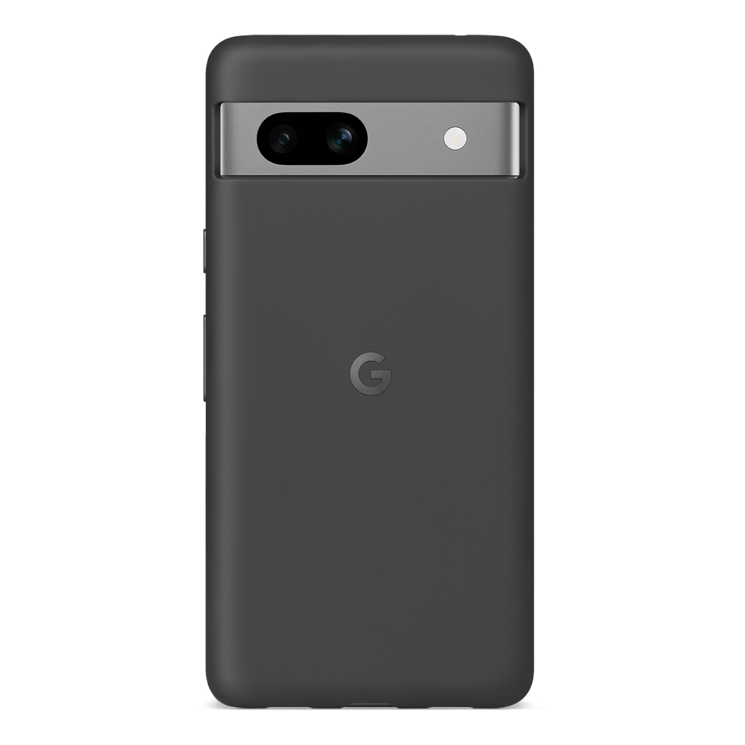 Een zwarte telefoon in een donkergrijze hoes. De hoes heeft een uitsparing voor de camera en een Google-logo.