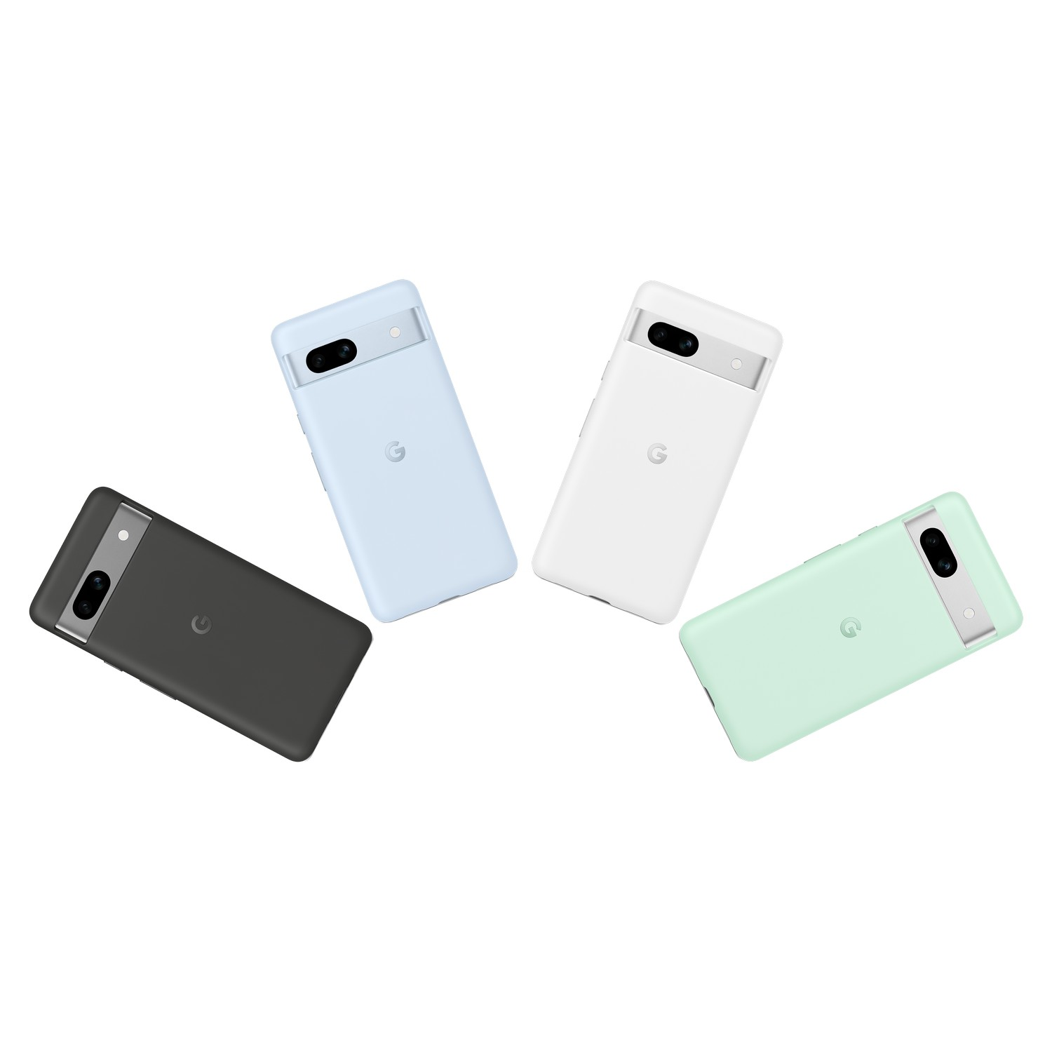 Vier Google Pixel 7 telefoons in verschillende kleuren, schuin op een wit oppervlak.