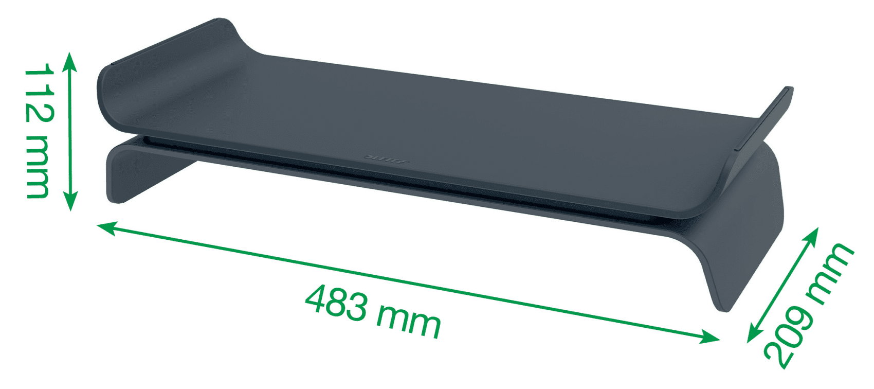 Sötétszürke monitortartó, méretekkel: 483 mm hosszú, 112 mm magas és 209 mm széles.