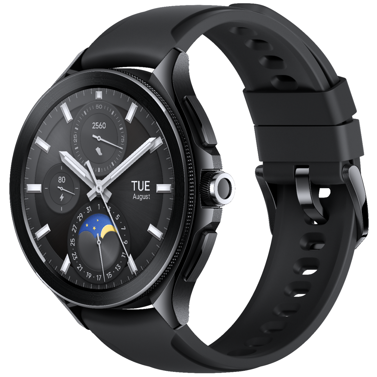 Fekete Samsung Galaxy Watch. Kerek számlap fekete szíjjal. Időt, dátumot és holdfázist jelenít meg.