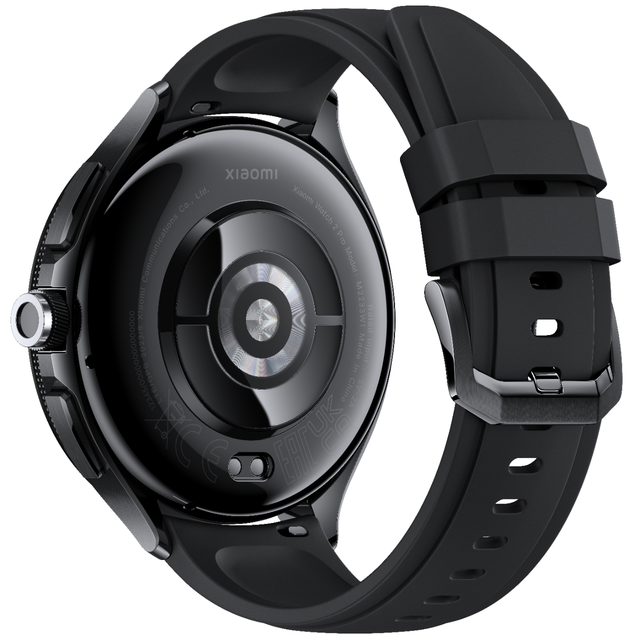 Fekete Xiaomi Watch 2 Pro. Hátsó nézet, fekete szíj, sötét háttér.