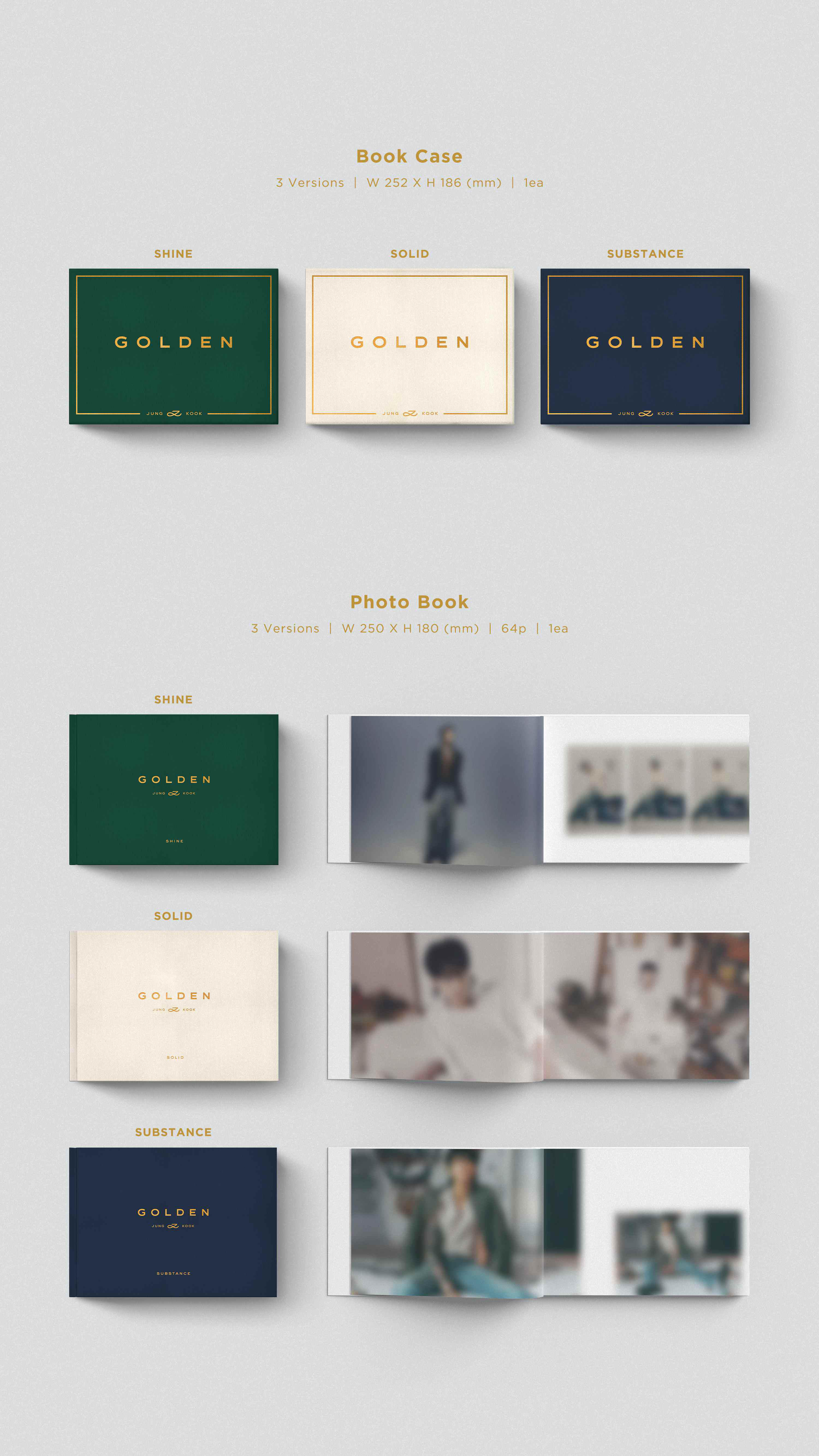 Albumcover des Albums 'Golden' in drei verschiedenen Farbschemata mit einem Fotobuch.