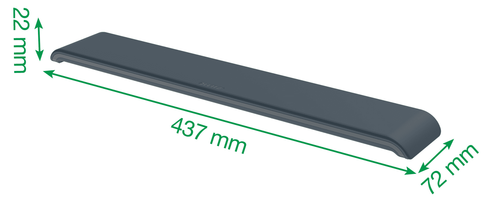 Sötétszürke asztalszegély mm-ben megadott méretekkel: 437 mm hosszú, 72 mm széles és 22 mm magas.
