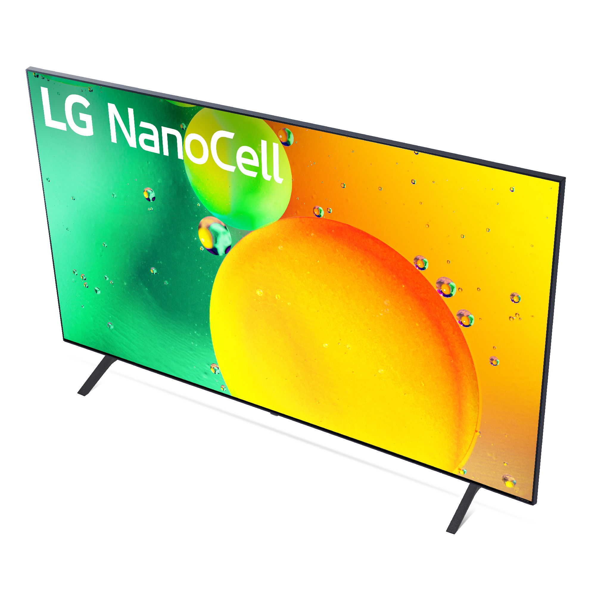TV LG NanoCell con arte abstracto colorido en la pantalla.