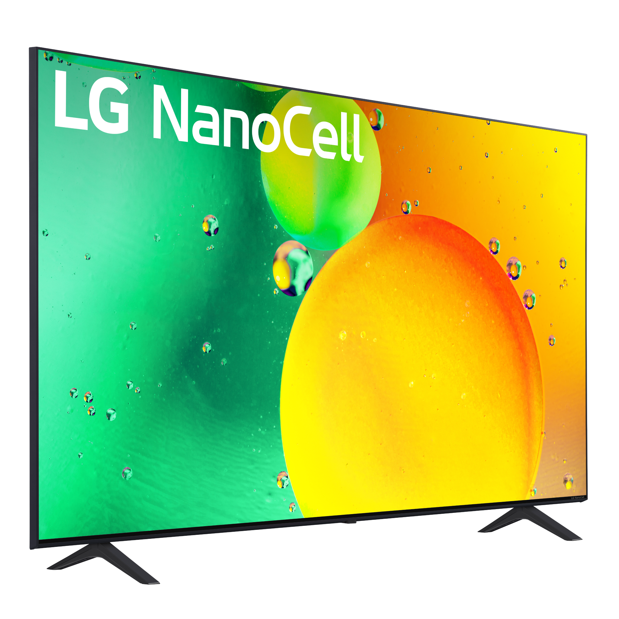 Televisor LG NanoCell con formas abstractas coloridas. El televisor está sobre un soporte negro.