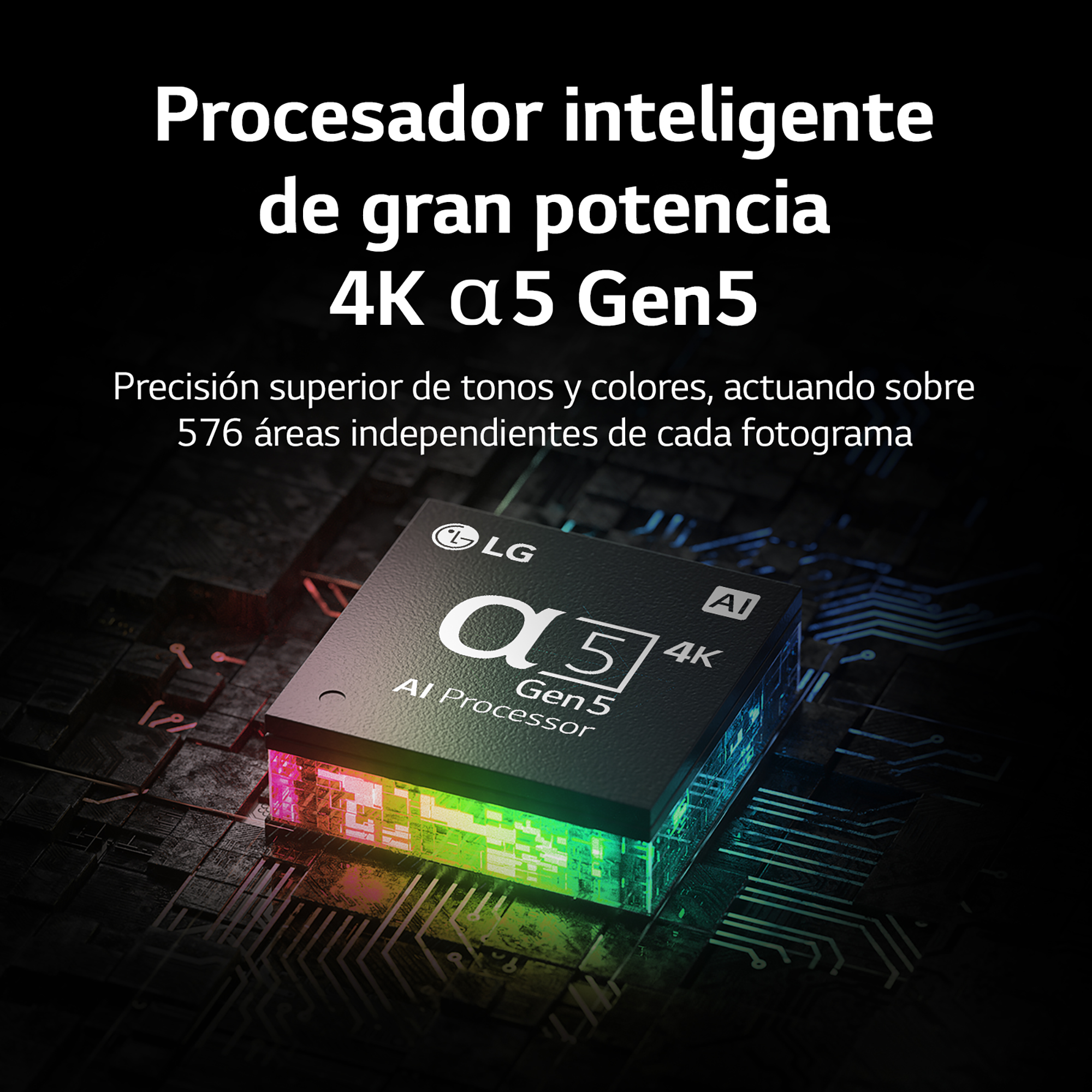 Primer plano de un procesador negro y plateado con texto: '4K α5 Gen5' sobre fondo oscuro.