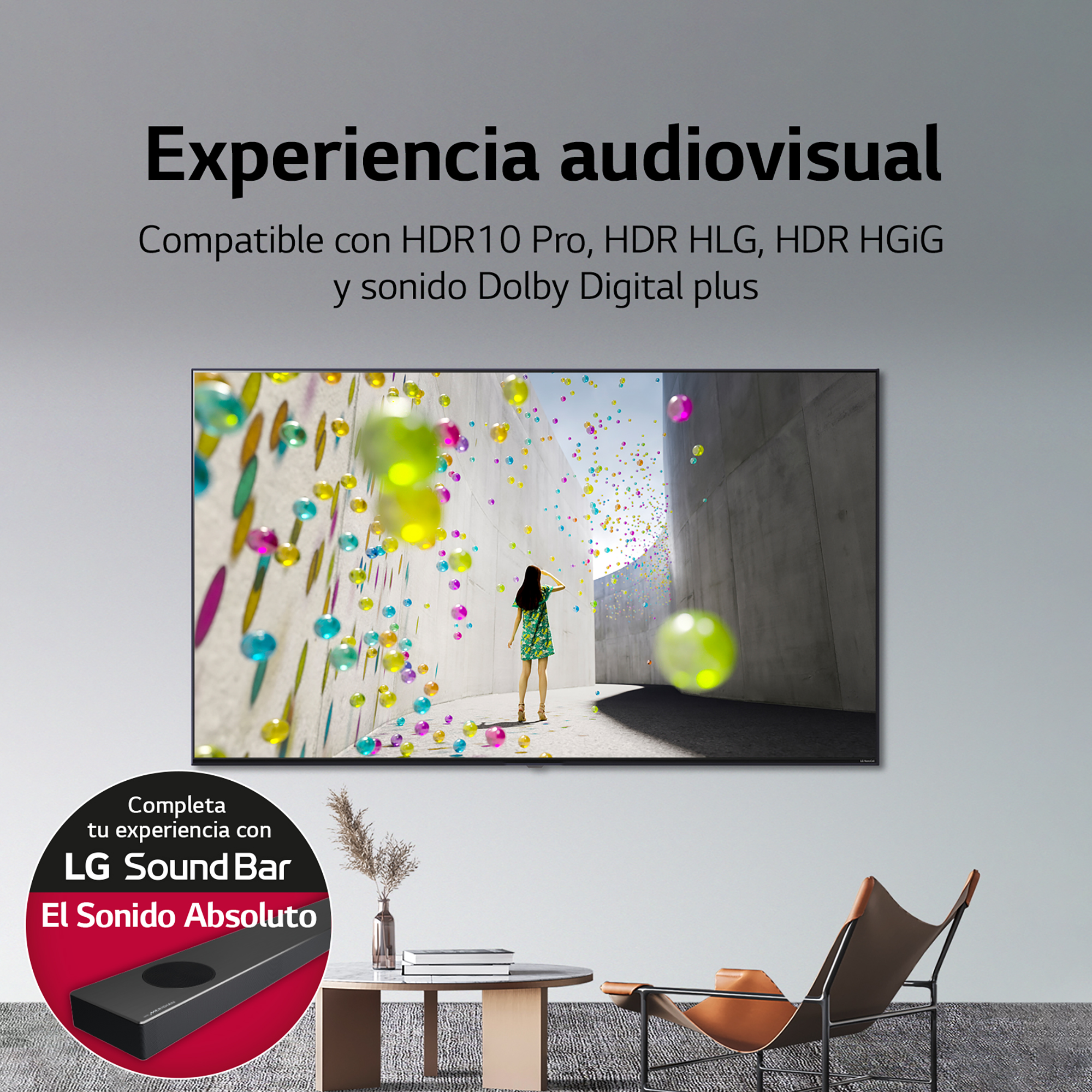 Pantalla de TV que muestra una escena con burbujas de colores, una mujer y una barra de sonido.