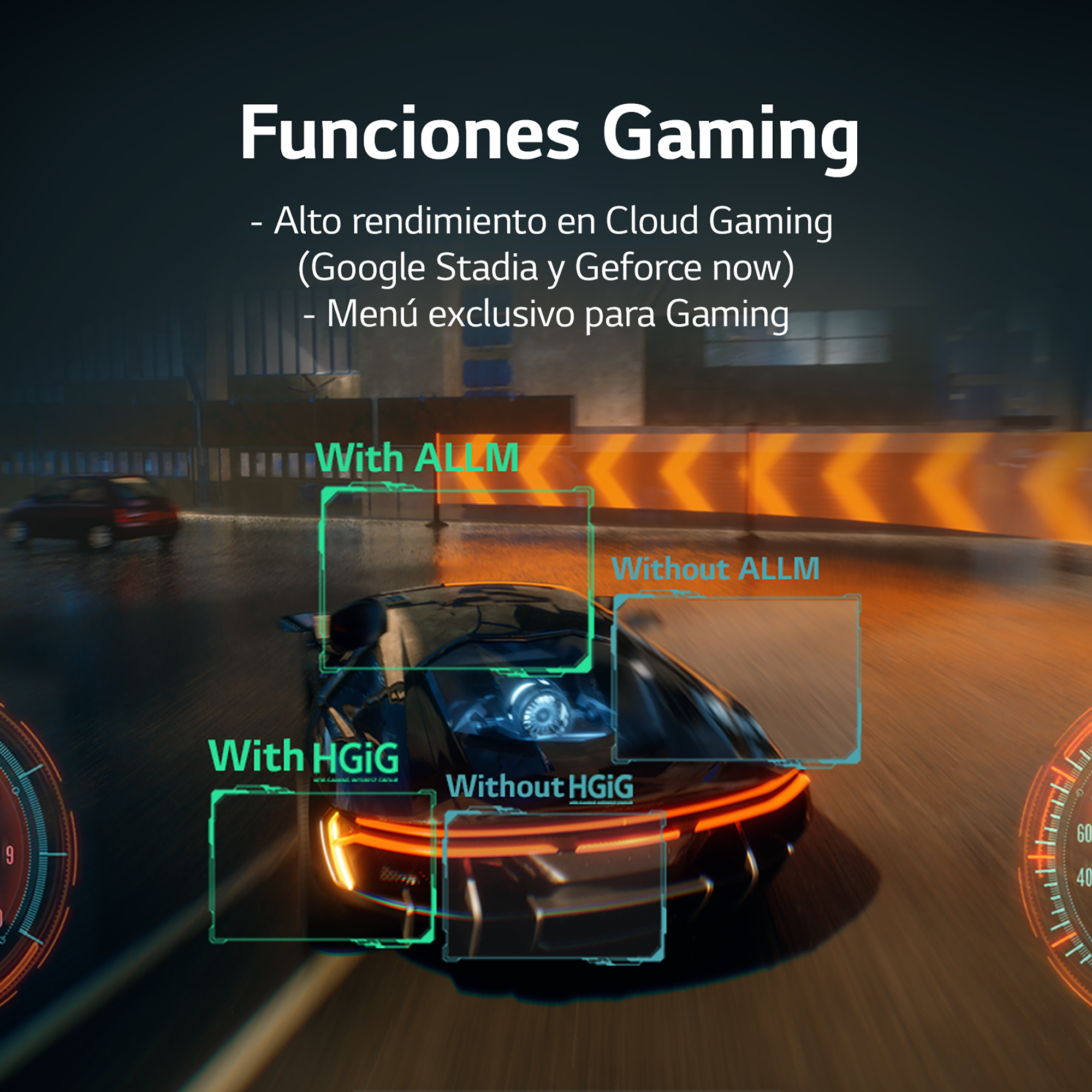 Pantalla de juego de carreras, mostrando coches en pista, con info de funciones.