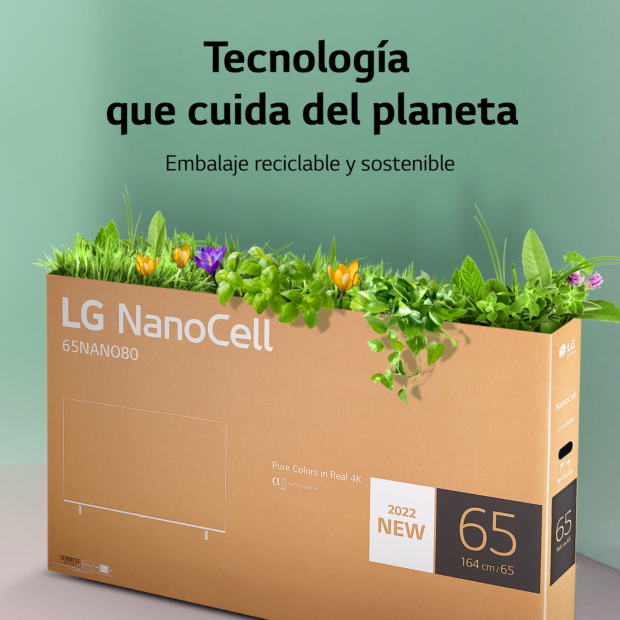 Una caja con un televisor LG NanoCell, rodeada de plantas. El texto dice 'Tecnología que cuida el planeta'.