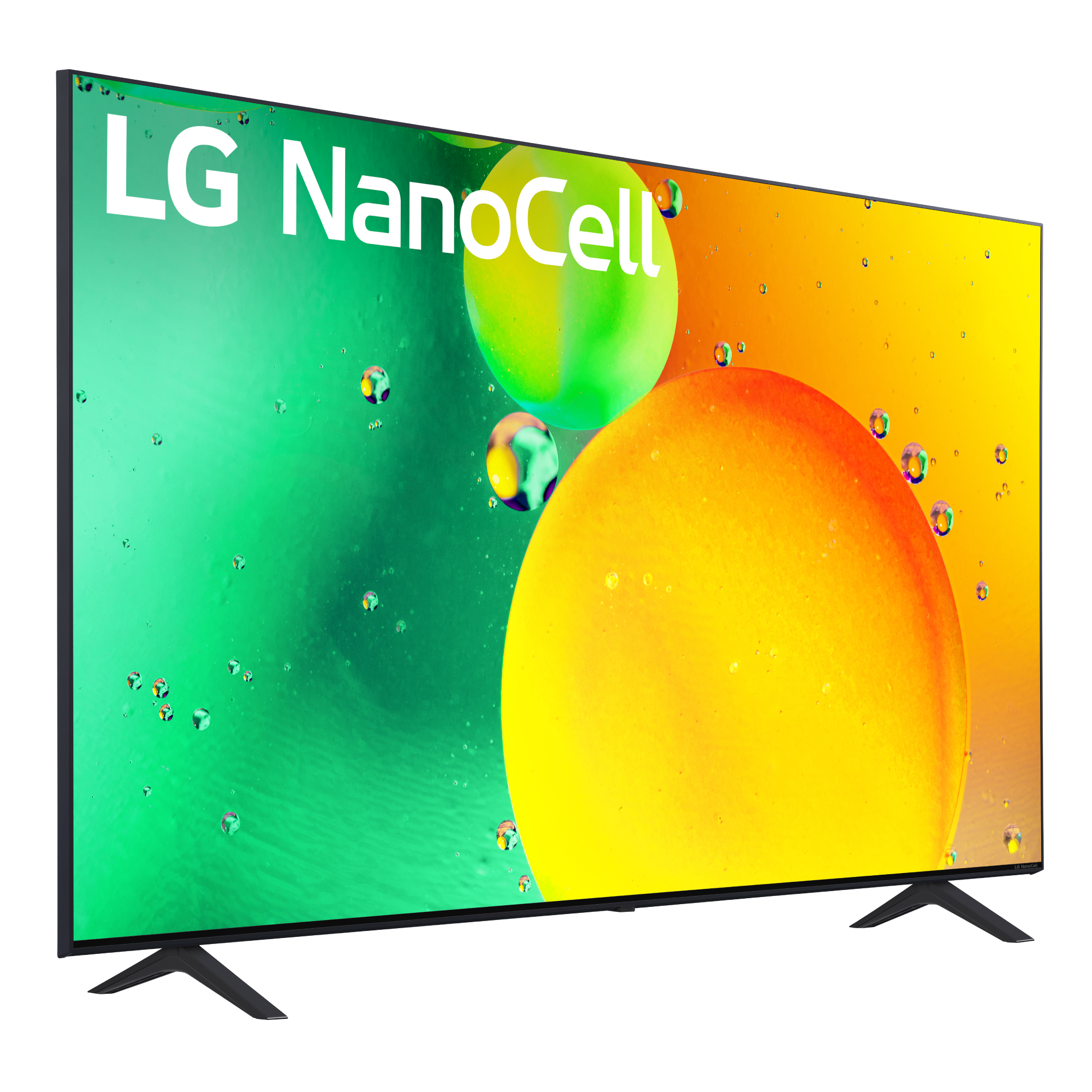 TV LG NanoCell en exhibición con fondo colorido. Incluye soporte y logotipo.