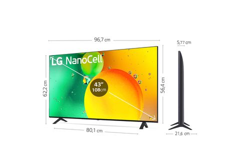 TV LED 43  LG 43NANO756QC, UHD 4K, Procesador de Gran Potencia 4K α5 Gen  5, Smart TV, DVB-T2 (H.265), Azul oscuro ceniza