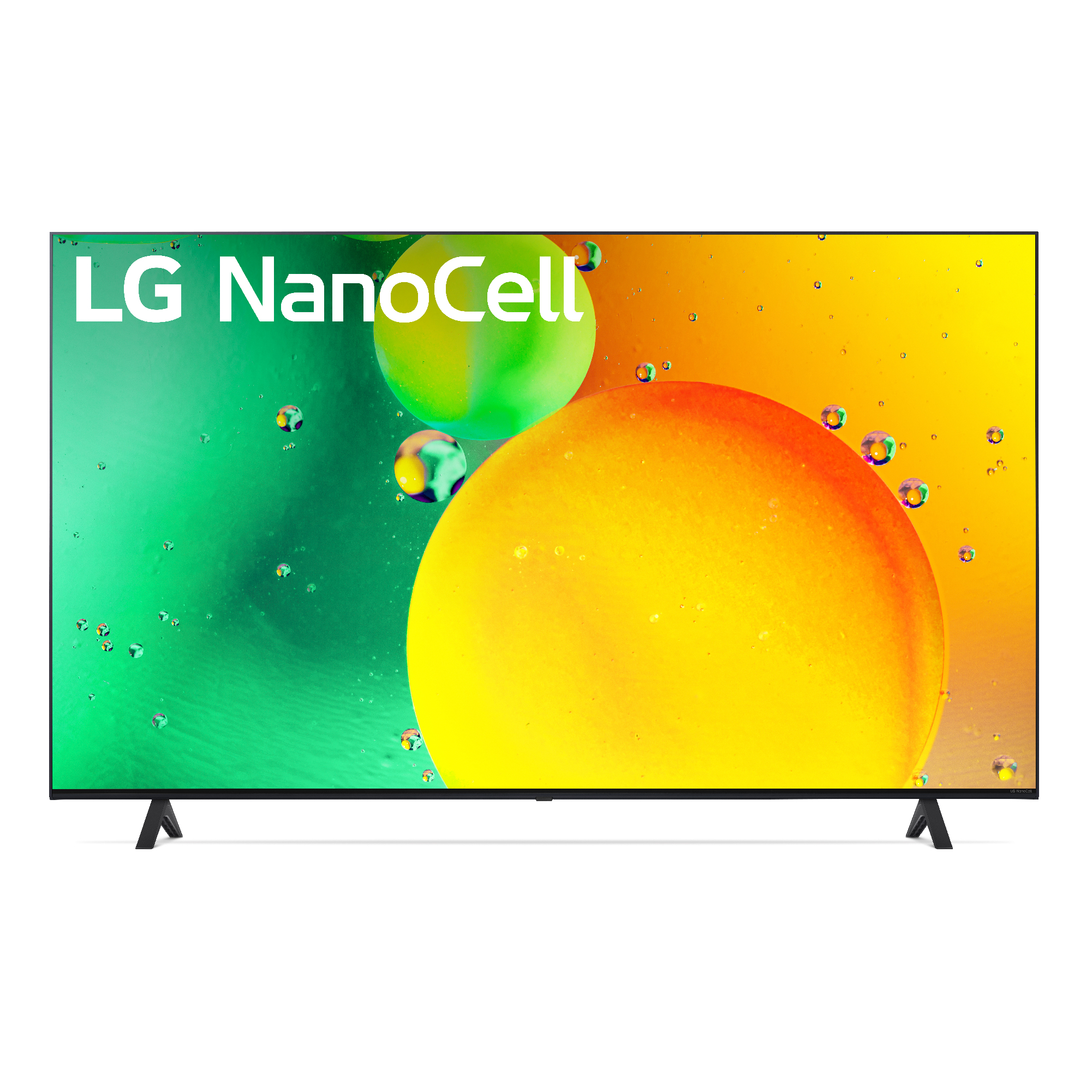 Un televisor LG NanoCell grande que muestra una imagen abstracta colorida sobre un fondo blanco.
