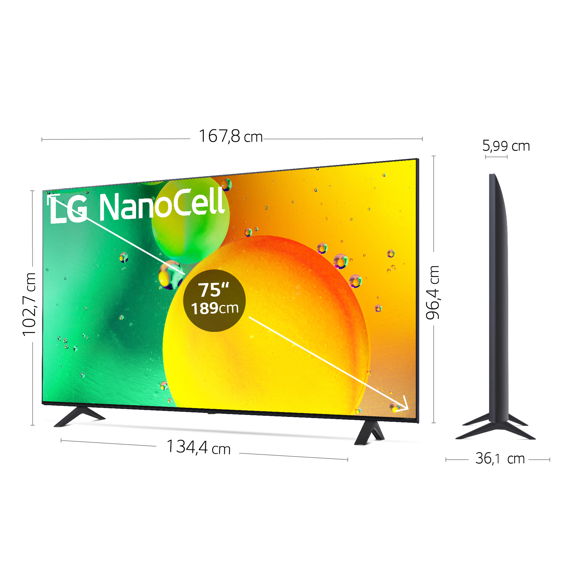 Televisor grande con dimensiones, logotipo de LG NanoCell y pantalla de 75".