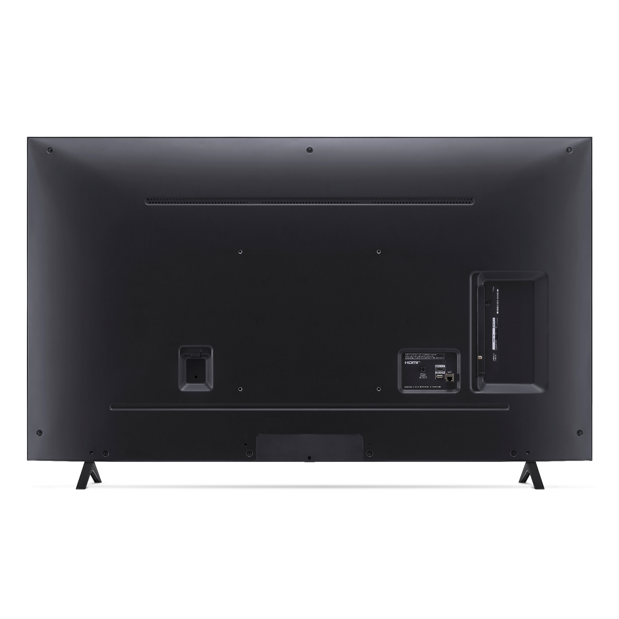 Parte trasera de un televisor negro. Varios puertos y dos patas visibles.
