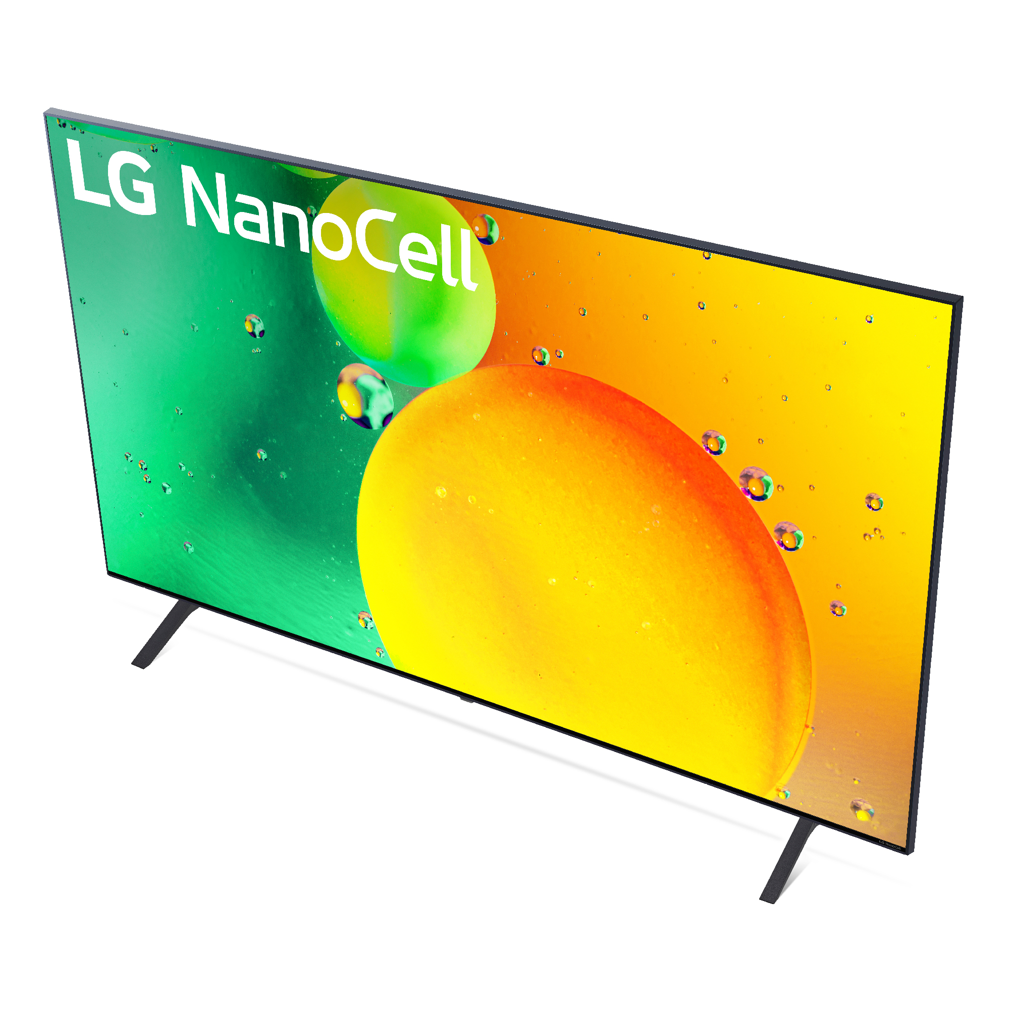 Un televisor LG NanoCell muestra formas abstractas coloridas sobre fondo blanco.