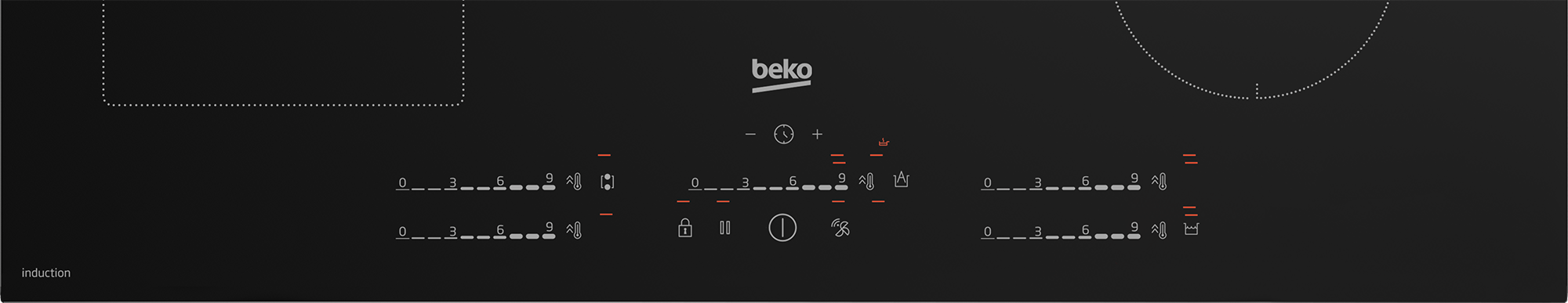 Fekete Beko indukciós főzőlap vezérlőpanellel alul. Több főzőzónája van.