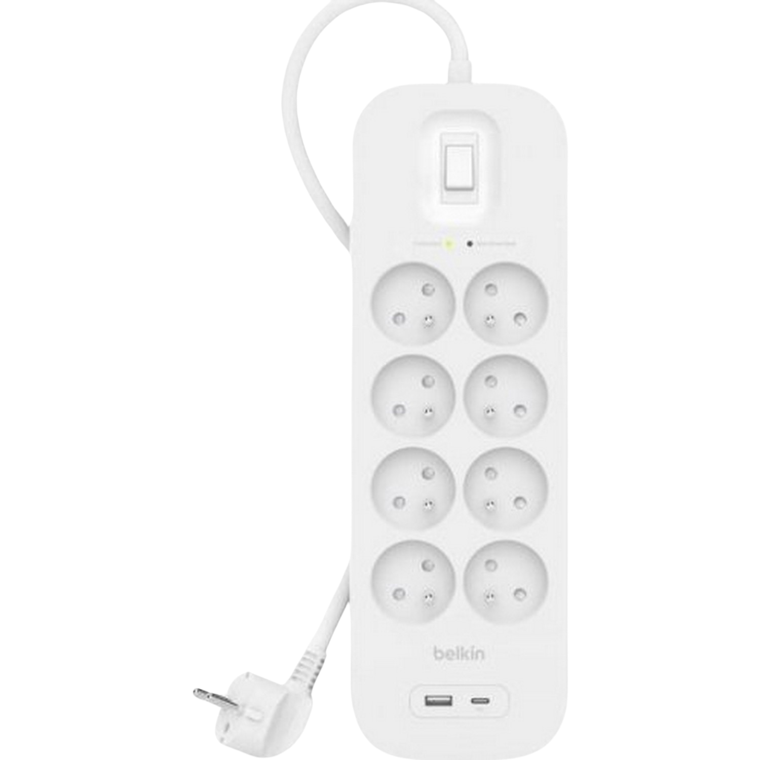 Multiprise blanche avec plusieurs prises et un interrupteur. Possède une prise et un port USB.