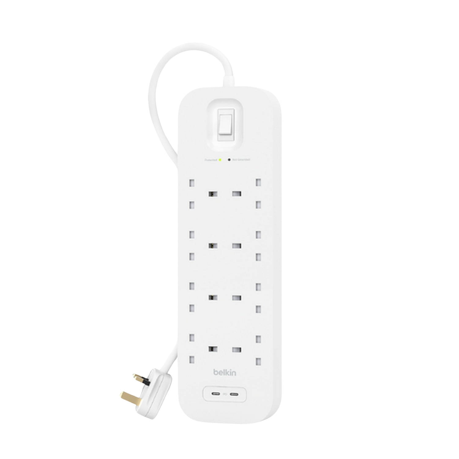 Une multiprise blanche. Elle comporte plusieurs prises et un interrupteur en haut, avec un câble blanc.