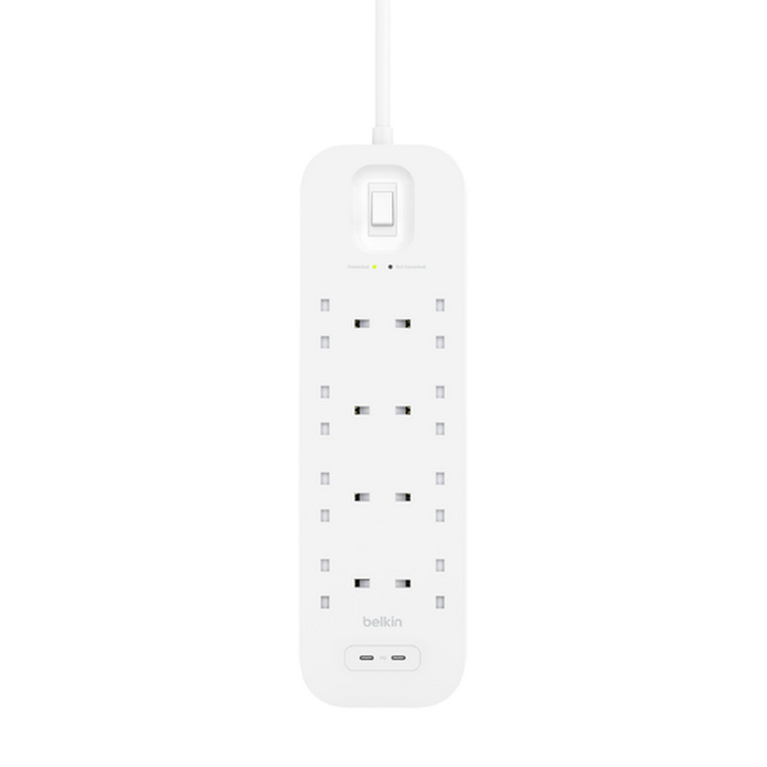 Multiprise blanche avec plusieurs prises, un interrupteur et des ports USB.