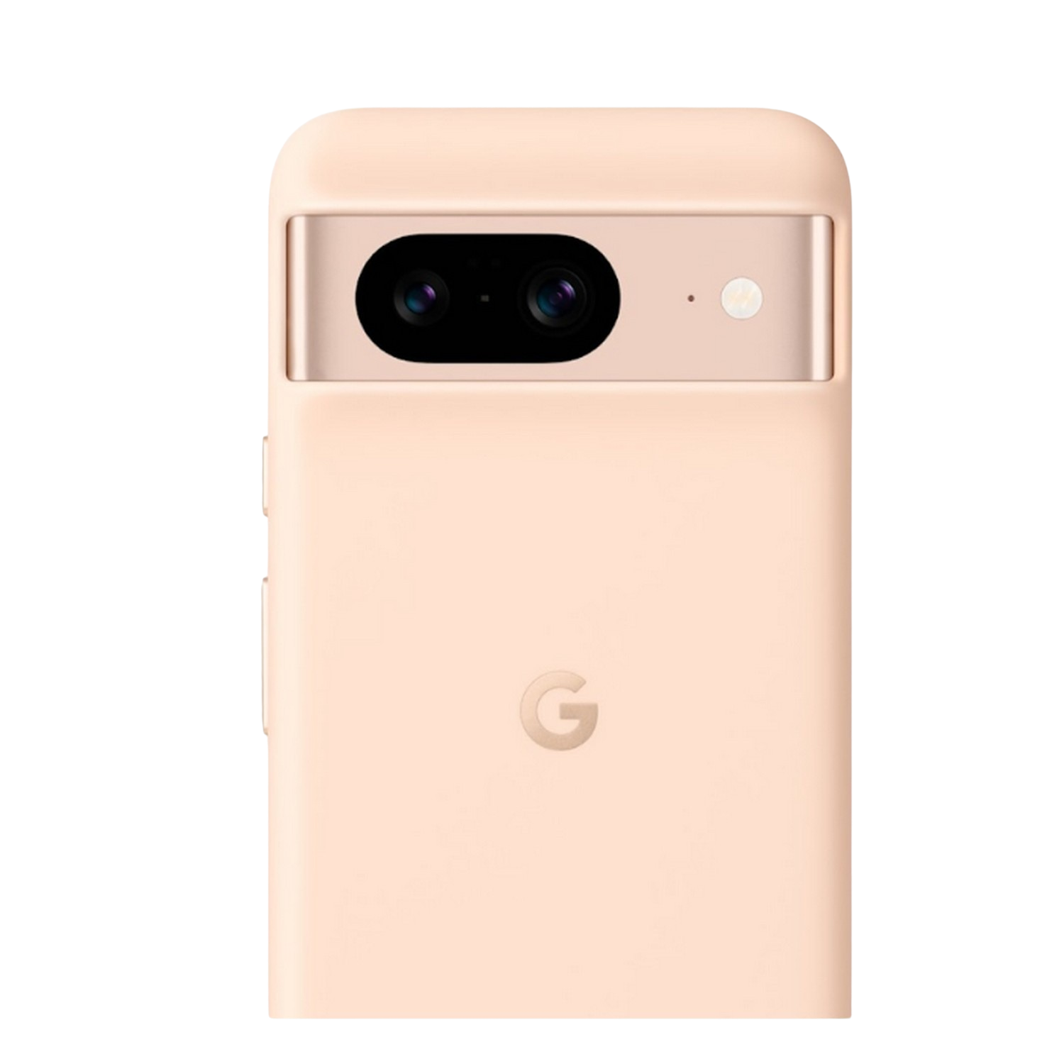 Een Pixel 7 telefoon in een perzikkleurige hoes. De achterkant heeft de camerabalk en een G-logo.