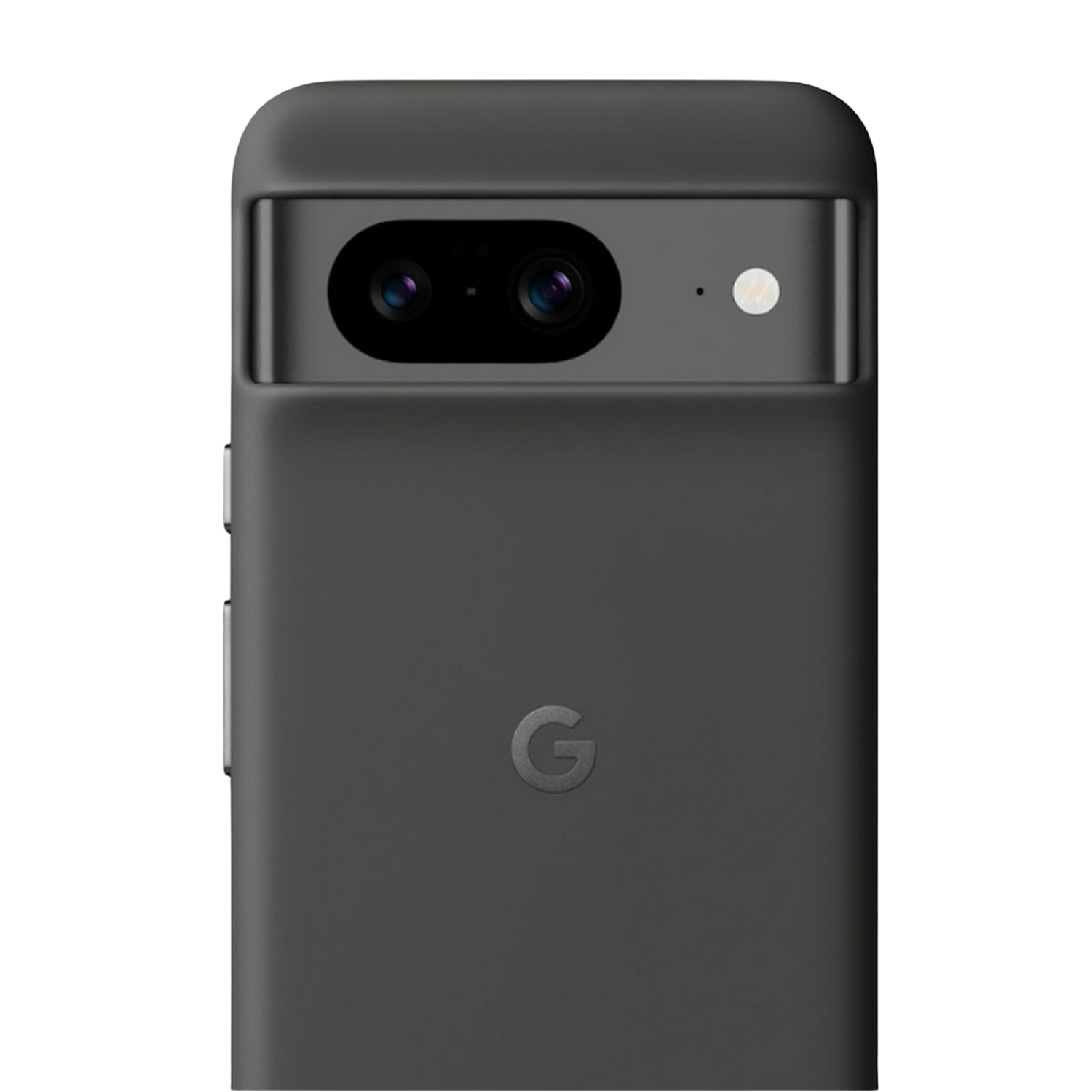 Nahaufnahme einer dunkelgrauen Handyhülle mit Kameraausbuchtung und Google 'G'-Logo.