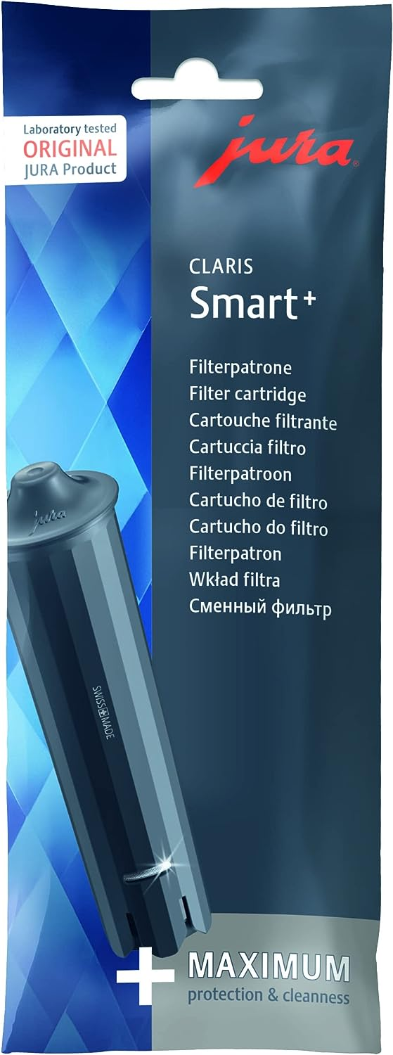 Un embalaje blanco y azul del cartucho de filtro Jura CLARIS Smart+.