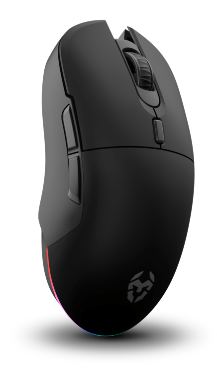 Ratón gaming negro con iluminación RGB y botones. Fondo negro.