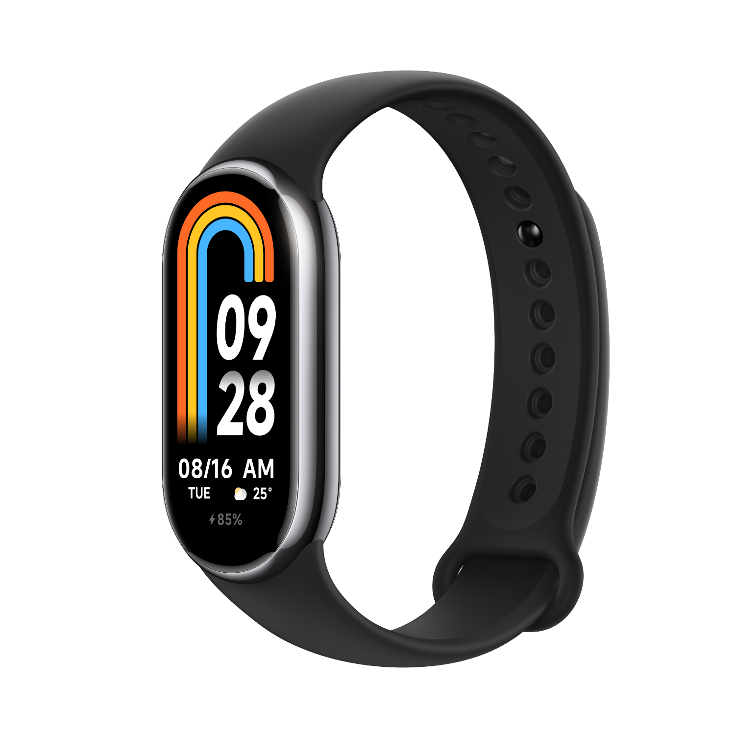 Zwarte fitnesstracker met een kleurrijk display met tijd, datum en batterijpercentage.