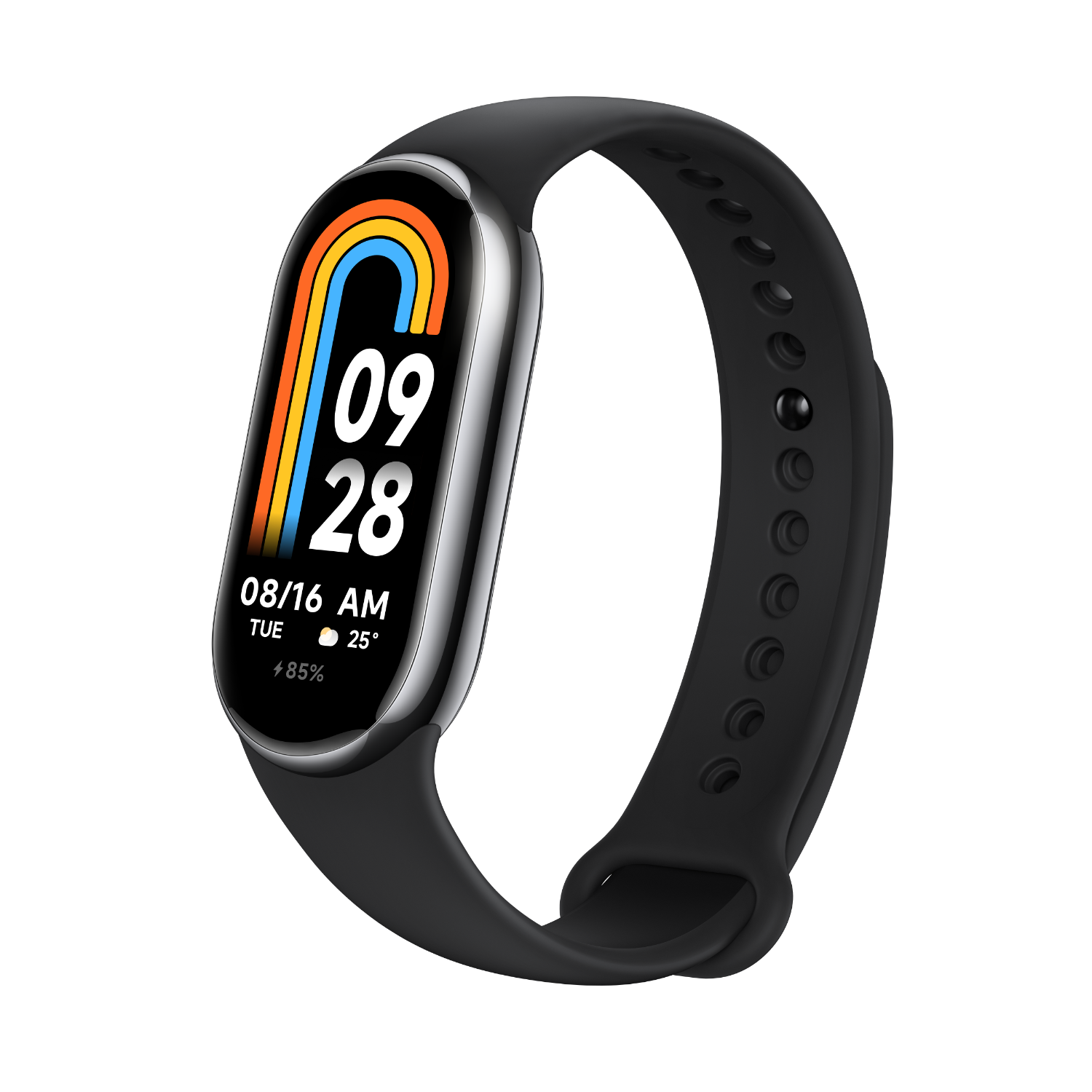 Een zwarte smartwatch met een scherm dat tijd en datum weergeeft. Op een donkere achtergrond.
