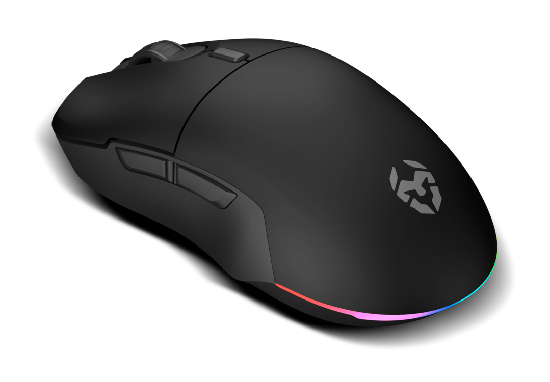 Un ratón gaming negro con iluminación RGB en el borde inferior.