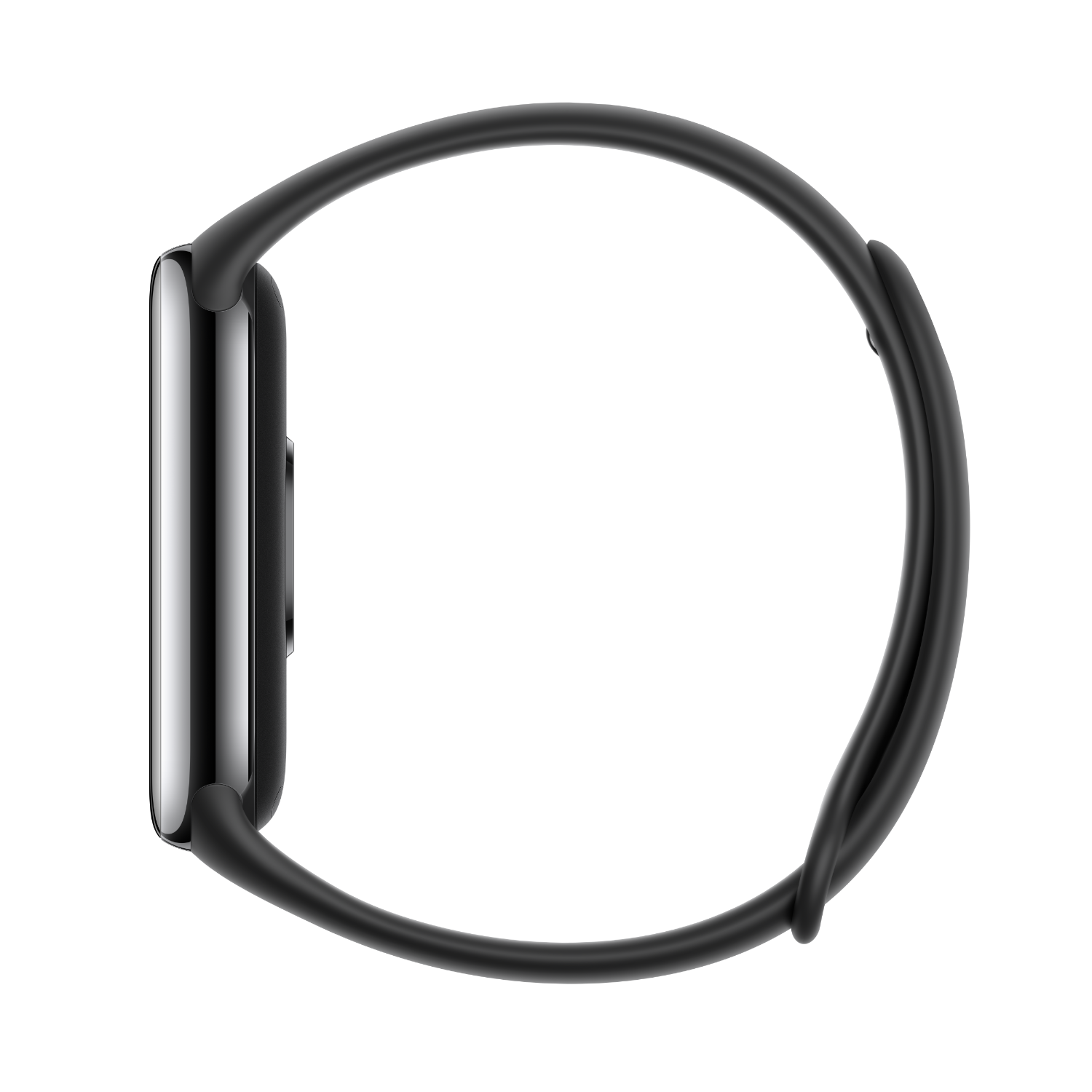 Zijaanzicht van een zwarte smartwatch met een zwarte band. Zwarte achtergrond.