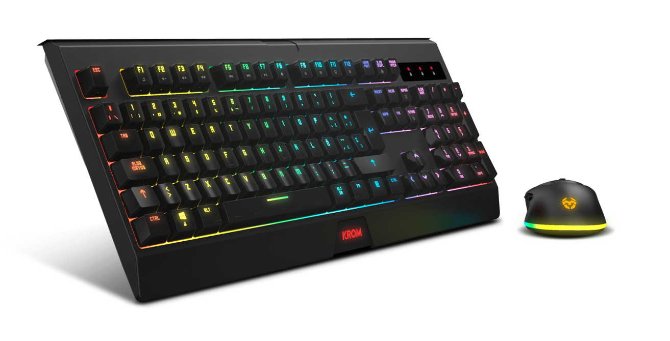 Teclado negro con teclas coloridas, marca Krom. Un ratón a la derecha.