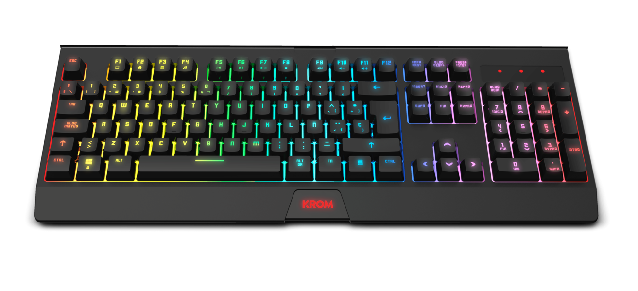 Un teclado negro con teclas multicolores, que muestra la marca Krom.