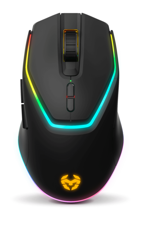 Ratón gaming negro con iluminación RGB colorida y logo en la base.